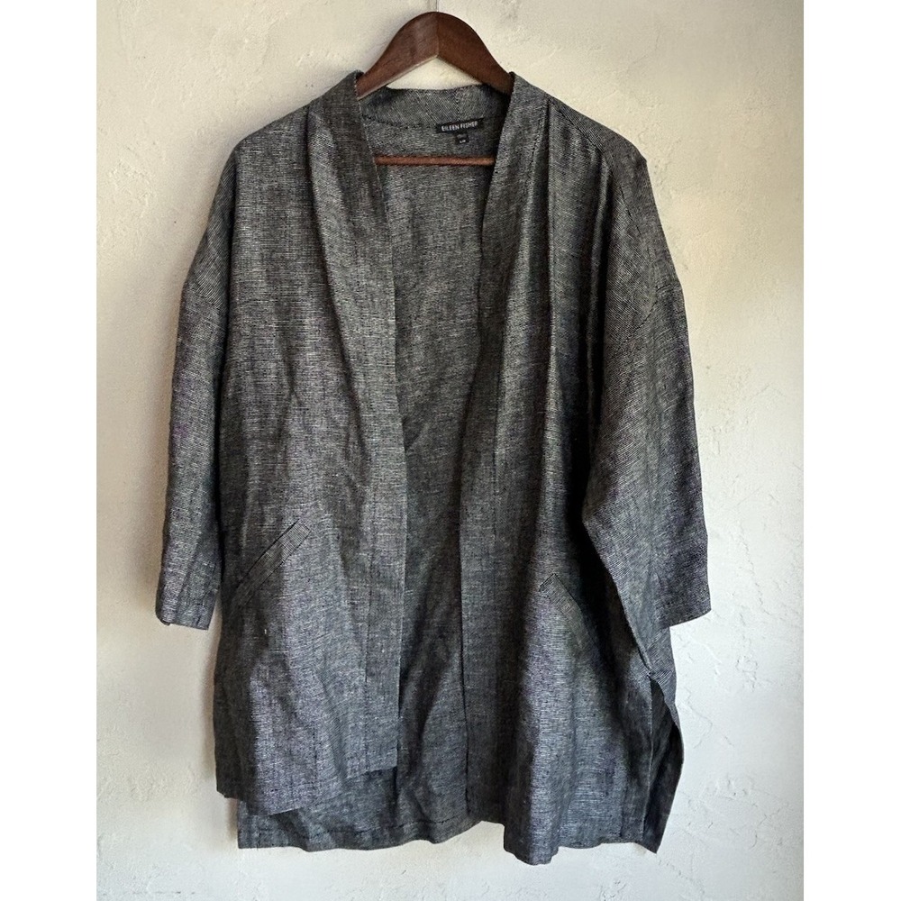 Eileen Fisher Organic Linen Long Kimono Jacket L Draped Lagenlook Minimalist
